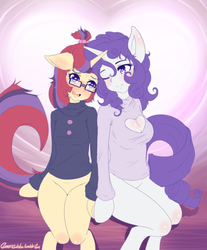 Size: 500x605 | Tagged: safe, artist:sagasshi, moondancer, rarity, unicorn, anthro, g4, arm hooves, blushing, boob window, bottomless, breasts, busty rarity, cleavage, clothes, crack shipping, female, floppy ears, glasses, heart, heart eyes, heart shaped boob window, holding hooves, keyhole turtleneck, lesbian, one eye closed, open mouth, partial nudity, raridancer, shipping, sweater, turtleneck, wingding eyes, wink