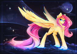 Size: 3600x2500 | Tagged: safe, artist:koveliana, fluttershy, pegasus, pony, g4, chest fluff, female, full moon, high res, large wings, looking back, looking sideways, mare, moon, night, solo, sparkles, spread wings, stars, unshorn fetlocks, water, wings