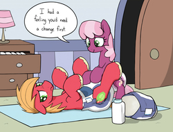 Size: 3000x2280 | Tagged: safe, artist:skitter, big macintosh, cheerilee, earth pony, pony, g4, changing mat, cute, diaper, diaper change, diaper fetish, female, fetish, foal powder, high res, male, non-baby in diaper, poofy diaper, ship:cheerimac, shipping, stallion, straight, urine, used diaper, wet diaper