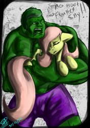 Size: 905x1280 | Tagged: safe, artist:djpuppeh, fluttershy, pony, g4, crossover, dialogue, duo, holding a pony, marvel, protecting, the incredible hulk