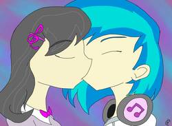 Size: 1500x1100 | Tagged: safe, artist:rikusaypoof, dj pon-3, octavia melody, vinyl scratch, human, g4, clothes, eyes closed, female, headphones, hoodie, humanized, kissing, lesbian, ship:scratchtavia, shipping