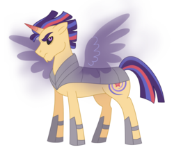 Size: 900x789 | Tagged: safe, artist:cascayd, oc, oc only, oc:starswirl, alicorn, pony, armor, artificial wings, augmented, evil, magic, magic wings, male, offspring, parent:flash sentry, parent:twilight sparkle, parents:flashlight, simple background, solo, white background, wings