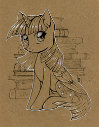 Size: 600x770 | Tagged: safe, artist:maytee, twilight sparkle, alicorn, pony, g4, book, female, partial color, sepia, smiling, solo, traditional art, twilight sparkle (alicorn)