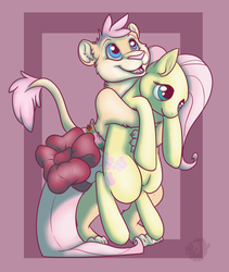 Size: 930x1100 | Tagged: safe, artist:tailbiter, fluttershy, big cat, lion, pony, g4, duo, holding a pony, wingless