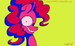 Size: 1280x800 | Tagged: safe, artist:flyingkitterz, pinkie pie, earth pony, pony, smile hd, g4, creepy, creepy grin, female, grin, looking at you, mare, signature, simple background, smiling, solo, yellow background