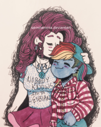 Size: 1024x1280 | Tagged: safe, artist:saminamina, rainbow dash, rarity, human, g4, :3, blushing, cap, clothes, eyes closed, female, hat, humanized, lesbian, pony coloring, ship:raridash, shipping, smiling, traditional art