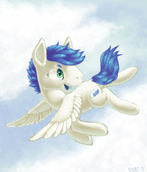 Size: 1200x1400 | Tagged: safe, artist:flyingkitterz, oc, oc only, oc:cloud surfer, pegasus, pony, flying, looking back, male, ponysona, solo, stallion