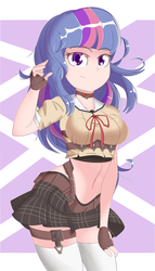 Size: 1187x2070 | Tagged: safe, artist:pastelhorses, twilight sparkle, human, g4, anime, belly button, clothes, female, fingerless gloves, gloves, humanized, midriff, simple background, skirt, socks, solo, thigh highs, z-girls