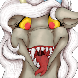 Size: 1000x1000 | Tagged: safe, artist:royalagate, derpibooru exclusive, discord, g4, eris, female, fetish, maw, mawshot, mouth, open mouth, red eyes, rule 63, simple background, solo, teeth, tongue out, transparent background, uvula