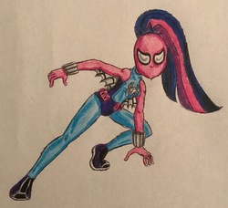 Size: 2417x2204 | Tagged: safe, artist:bozzerkazooers, twilight sparkle, equestria girls, g4, clothes, costume, crossover, female, high res, male, marvel, simple background, solo, spider-man, superhero, traditional art, white background