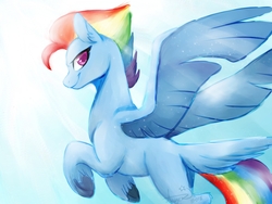 Size: 1600x1200 | Tagged: safe, artist:angexci, rainbow dash, pony, g4, female, flying, g5 concept leak style, g5 concept leaks, looking at you, looking back, looking back at you, rainbow dash (g5 concept leak), smiling, solo, spread wings, tail feathers, wings