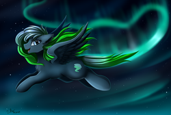 Size: 2717x1824 | Tagged: safe, artist:pridark, oc, oc only, oc:midnight aura, pegasus, pony, aurora borealis, commission, female, flying, looking at you, mare, night, night sky, signature, sky, smiling, solo, spread wings, starry night, stars, wings