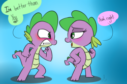 Size: 1214x800 | Tagged: safe, artist:emositecc, spike, dragon, g4, barb, barbabetes, blue background, blushing, cute, dialogue, female, gritted teeth, looking at each other, male, r63 paradox, rule 63, rule63betes, self dragondox, self paradox, simple background, smiling