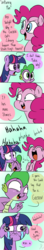 Size: 500x2814 | Tagged: safe, artist:emositecc, pinkie pie, spike, twilight sparkle, dragon, earth pony, pony, g4, blushing, comic, crying, dialogue, eyes closed, faic, female, floppy ears, funny, implied storm king, laughing, mare, pun, raised eyebrows, sad, smiling