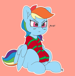 Size: 3865x3873 | Tagged: safe, artist:pabbley, rainbow dash, pegasus, pony, g4, christmas sweater, clothes, ear fluff, female, high res, hooves between legs, mare, simple background, sitting, solo, sweater