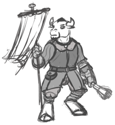Size: 1150x1254 | Tagged: safe, artist:velgarn, oc, oc only, minotaur, armor, concept art, gambeson, mace, male, monochrome, seeds of harmony, sketch, solo, standard bearer, weapon