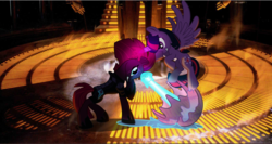 Size: 3555x1888 | Tagged: safe, artist:ejlightning007arts, tempest shadow, twilight sparkle, alicorn, pony, unicorn, g4, my little pony: the movie, armor, broken horn, duo, duo female, eye scar, female, fight, horn, mare, scar, scenery, star wars, star wars: the empire strikes back, twilight sparkle (alicorn)