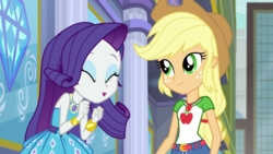 Size: 1280x720 | Tagged: safe, screencap, applejack, rarity, equestria girls, g4, my little pony equestria girls: better together, super squad goals, building, canterlot city, city, clothes, cowboy hat, dress, excited, eyes closed, freckles, geode of shielding, geode of super strength, hat, shipping fuel, shorts, stetson