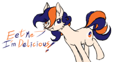 Size: 1024x497 | Tagged: safe, alternate version, artist:ravvij, oc, oc only, oc:tide pod, earth pony, object pony, original species, pony, blue, candy, cheek fluff, cross-eyed, curls, cute, cutie mark, delicious, derp, detergent, dialogue, do not eat, earth, english, engrish, female, filly, food, forbidden fruit, funny, gel, heterochromia, mare, meme, orange, pod, ponified, powder (substance), simple background, soap, solo, speech, tide, tide pods, tide pony, transparent background, wall eyed, white
