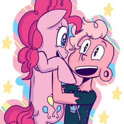 Size: 1000x1000 | Tagged: safe, artist:sketchylicious66, pinkie pie, earth pony, human, pony, g4, crossover, duo, duo male and female, female, heart eyes, holding a pony, human male, lars barriga, male, mare, open mouth, pink lars, simple background, smiling, spoilers for another series, starry eyes, steven universe, transparent background, wingding eyes