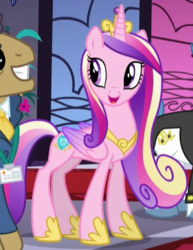Size: 367x475 | Tagged: safe, screencap, fancypants, joe pescolt, princess cadance, alicorn, pony, g4, princess spike, concave belly, cropped, crown, eyelashes, female, folded wings, happy, hoof shoes, jewelry, looking back, looking sideways, mare, open mouth, open smile, peytral, princess shoes, regalia, slender, smiling, solo focus, standing, thin, wings