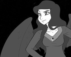 Size: 1133x910 | Tagged: safe, alternate version, artist:dj-black-n-white, oc, oc only, oc:selene, satyr, clothes, female, grayscale, hand on waist, interspecies offspring, long hair, monochrome, night, offspring, parent:oc:anon, parent:princess luna, solo, stars, winged satyr, wings
