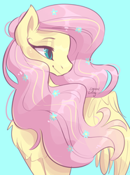 Size: 644x865 | Tagged: safe, artist:logicalloony, fluttershy, pegasus, pony, g4, blue background, bust, chest fluff, female, flower, flower in hair, lidded eyes, looking away, mare, portrait, simple background, smiling, solo, turned head, windswept mane, wings