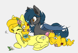 Size: 1971x1347 | Tagged: safe, artist:robiinart, oc, oc only, oc:butterscotch (robiinart), oc:speck, bat pony, earth pony, pony, bat pony oc, flower, flower in hair, flower in mouth, mouth hold