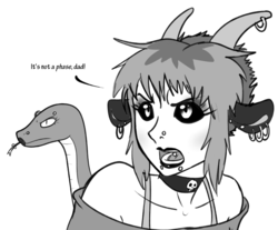 Size: 1060x876 | Tagged: safe, artist:dj-black-n-white, oc, oc only, oc:kimmy and mera, satyr, choker, female, goth, grayscale, jewelry, lipstick, monochrome, offspring, parent:chimera sisters, piercing, probably solo, simple background, solo, white background