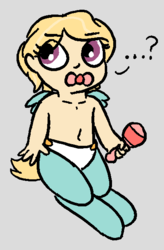 Size: 407x619 | Tagged: safe, artist:heretichesh, oc, oc only, oc:zephy, satyr, ..., baby, diaper, offspring, pacifier, parent:oc:gale, parent:oc:prism, rattle