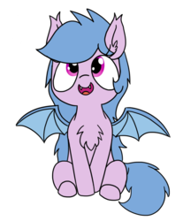 Size: 672x813 | Tagged: safe, artist:wafflecakes, oc, oc only, oc:fruit hulu, bat pony, bat pony oc, chest fluff, ear fluff, looking up, simple background, sitting, smiling, solo, spread wings, transparent background, wings