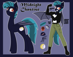 Size: 1200x939 | Tagged: safe, artist:dativyrose, oc, oc only, oc:midnight chastise, bat pony, anthro, bat pony oc, belt, boots, clothes, ear piercing, earring, female, flexing, gun, handgun, holster, jacket, jewelry, lip piercing, pants, piercing, pistol, reference sheet, shirt, shoes, solo, undershirt