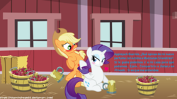 Size: 1180x662 | Tagged: safe, artist:khaotixdreamfd, applejack, rarity, g4, female, lesbian, ship:rarijack, shipping, spanish, translated in the comments