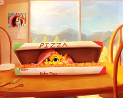 Size: 2500x2000 | Tagged: dead source, safe, artist:miokomata, fluttershy, rainbow dash, pegasus, pony, g4, calendar, chair, cute, extra thicc, female, food, high res, looking at you, mare, micro, pizza, ponies in food, prone, shyabetes, solo focus, table, tiny ponies, window