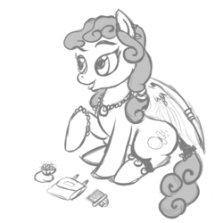 Size: 1281x1281 | Tagged: safe, artist:velgarn, oc, oc only, pegasus, pony, anklet, baby blue sapphire, concept art, female, jewelry, monochrome, necklace, seeds of harmony, sitting, sketch, smiling, solo, travelling merchant