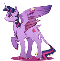 Size: 2682x2730 | Tagged: safe, artist:polyaplanets, twilight sparkle, alicorn, classical unicorn, pony, g4, colored hooves, curved horn, female, high res, horn, leonine tail, mare, profile, rainbow power, raised hoof, simple background, solo, spread wings, twilight sparkle (alicorn), unshorn fetlocks, white background, wings