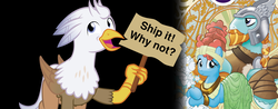 Size: 1600x625 | Tagged: safe, artist:mlp-silver-quill, artist:tonyfleecs, idw, meadowbrook, rockhoof, oc, oc:silver quill, classical hippogriff, earth pony, hippogriff, pony, g4, legends of magic, spoiler:comic, spoiler:comiclom8, cute, female, humor, male, mare, meadowcute, ship:rockbrook, shipping, sign, stallion, straight