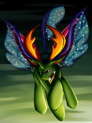 Size: 1024x1365 | Tagged: safe, artist:heart-of-a-dragoness, thorax, changedling, changeling, g4, flying, king thorax, male, smiling, smirk, solo