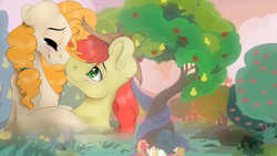 Size: 1920x1080 | Tagged: safe, artist:scarlettnovel, apple bloom, applejack, big macintosh, bright mac, grand pear, granny smith, pear butter, pony, g4, the perfect pear, apple tree, female, intertwined trees, male, pear tree, ship:brightbutter, shipping, straight, tree, wallpaper
