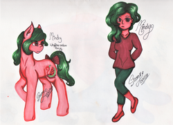 Size: 2927x2125 | Tagged: safe, artist:shamy-crist, oc, oc only, oc:mindy, earth pony, human, pony, bow, clothes, female, high res, human ponidox, humanized, mare, pants, self ponidox, shirt, tail bow, traditional art