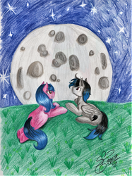 Size: 2439x3268 | Tagged: safe, artist:shamy-crist, oc, oc only, oc:black thunder, oc:diamond coat, pegasus, pony, blacoat, female, high res, male, mare, moon, oc x oc, prone, shipping, straight, traditional art