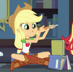 Size: 409x406 | Tagged: safe, screencap, applejack, sci-twi, sunset shimmer, twilight sparkle, equestria girls, g4, my little pony equestria girls: better together, the finals countdown, animated, binder, book, cropped, cute, female, geode of super strength, jackabetes, magical geodes, notebook, offscreen character, shoes, sneakers, solo focus, stacking, tongue out