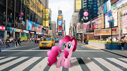 Size: 870x486 | Tagged: safe, artist:crystarmlp, pinkie pie, human, pony, g4, car, ford, ford escape, irl, new york city, photo, ponies in real life, solo, suv, taxi, times square