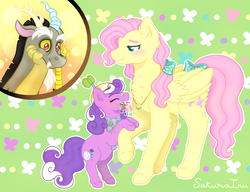 Size: 1024x788 | Tagged: safe, artist:hopenotfound, discord, fluttershy, screwball, pegasus, pony, g4, adopted offspring, bow, family photo, female, fluttermom, hair bow, looking at something, male, mother and daughter, mouth hold, photo, plushie, ship:discoshy, shipping, smiling, straight, tail bow