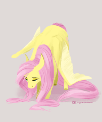 Size: 614x730 | Tagged: safe, artist:daraii, fluttershy, pegasus, pony, g4, eyebrows, female, head down, lidded eyes, mare, simple background, solo, spread wings, standing, wings, wings down