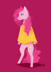 Size: 700x1000 | Tagged: safe, artist:daraii, pinkie pie, earth pony, pony, g4, bipedal, clothes, eyebrows, female, mare, pink background, poncho, simple background, solo