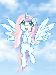 Size: 768x1024 | Tagged: safe, artist:frostyshield951, oc, oc only, alicorn, pony, alicorn oc, cloud, flying, long mane, sky, white pony