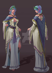 Size: 1024x1449 | Tagged: safe, artist:sunset tide, princess celestia, elf, human, g4, alternate hairstyle, ancient greece, barefoot, clothes, elf ears, feet, female, greek, greek clothes, humanized, laurel wreath, looking at you, obtrusive watermark, queen, queen celestia, rear view, simple background, smiling, solo, unicorns as elves, watermark, woman