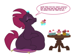 Size: 6250x4688 | Tagged: safe, artist:worstsousaphonehorse, fizzlepop berrytwist, tempest shadow, pony, unicorn, g4, my little pony: the movie, absurd resolution, belly, big belly, cupcake, dialogue, eyes closed, fat, female, food, magic, mare, morbidly obese, obese, pillow, simple background, sitting, solo, speech bubble, table, telekinesis, tempest blubber, transparent background, vector, weight gain