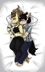 Size: 670x1080 | Tagged: safe, artist:serodart, oc, oc only, pegasus, unicorn, anthro, bed, clothes, duo, eyes closed, hug, jeans, pants, pillow, sleeping, smiling